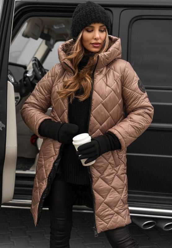 Women's quilted jacket with hood, diamond panel design, perfect for fall & winter casual wear.
