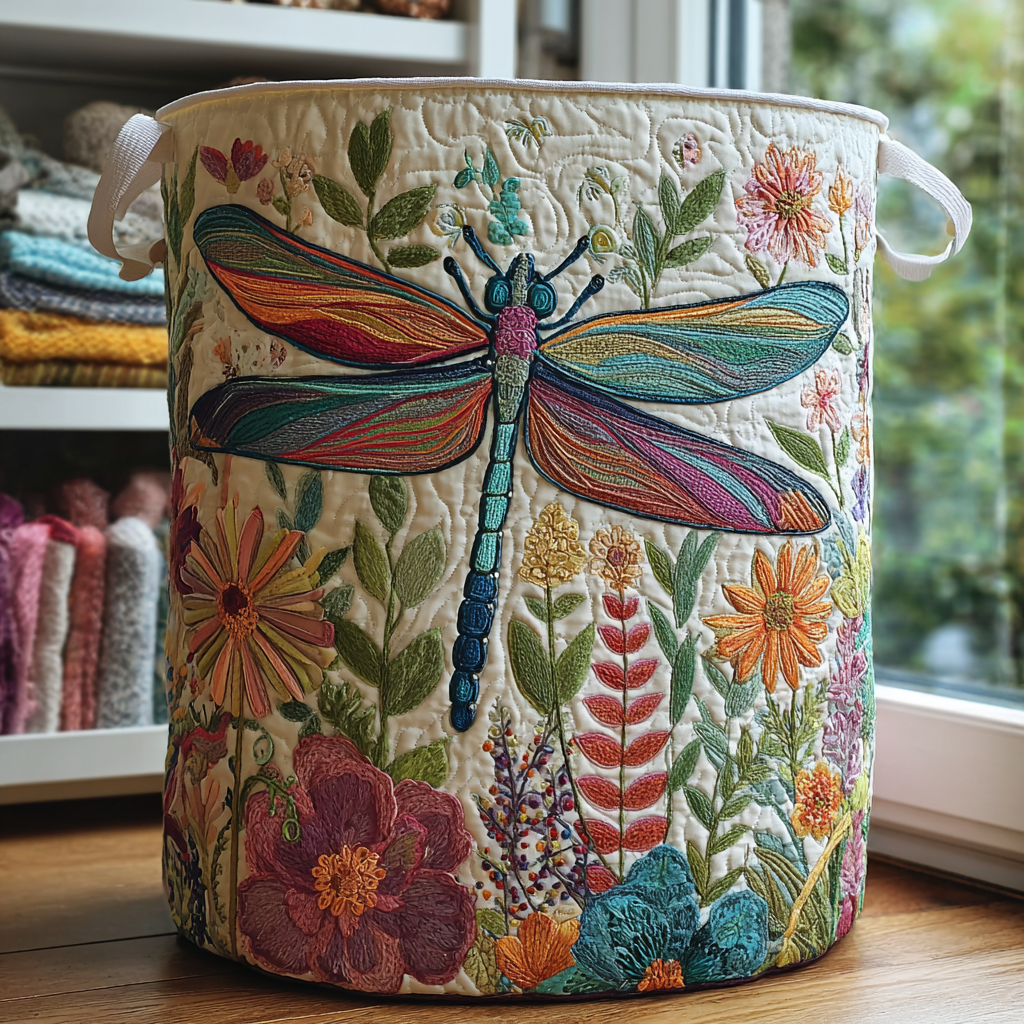 Women's quilted laundry basket with dragonfly design. Perfect for decorative home organization & storage.