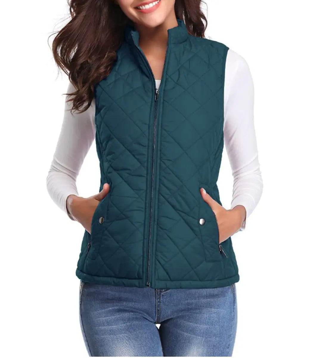 Stand collar women's quilted vest, a practical and stylish addition to any transitional wardrobe.