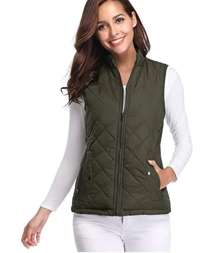 Fashionable women's sleeveless vest, featuring a practical quilted design & stand-up collar.