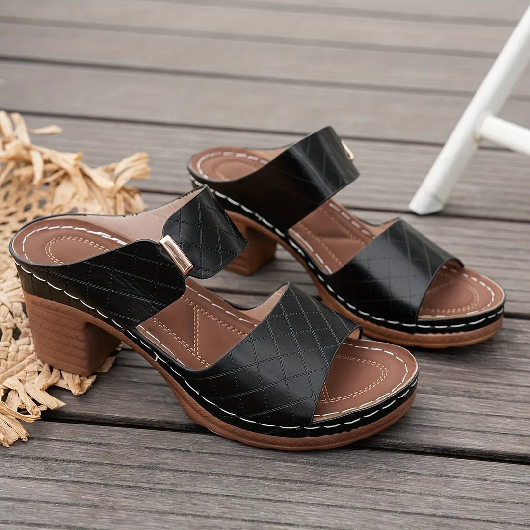 Practical women's quilted platform sandals with stable two-strap design & block heel, comfort footwear.