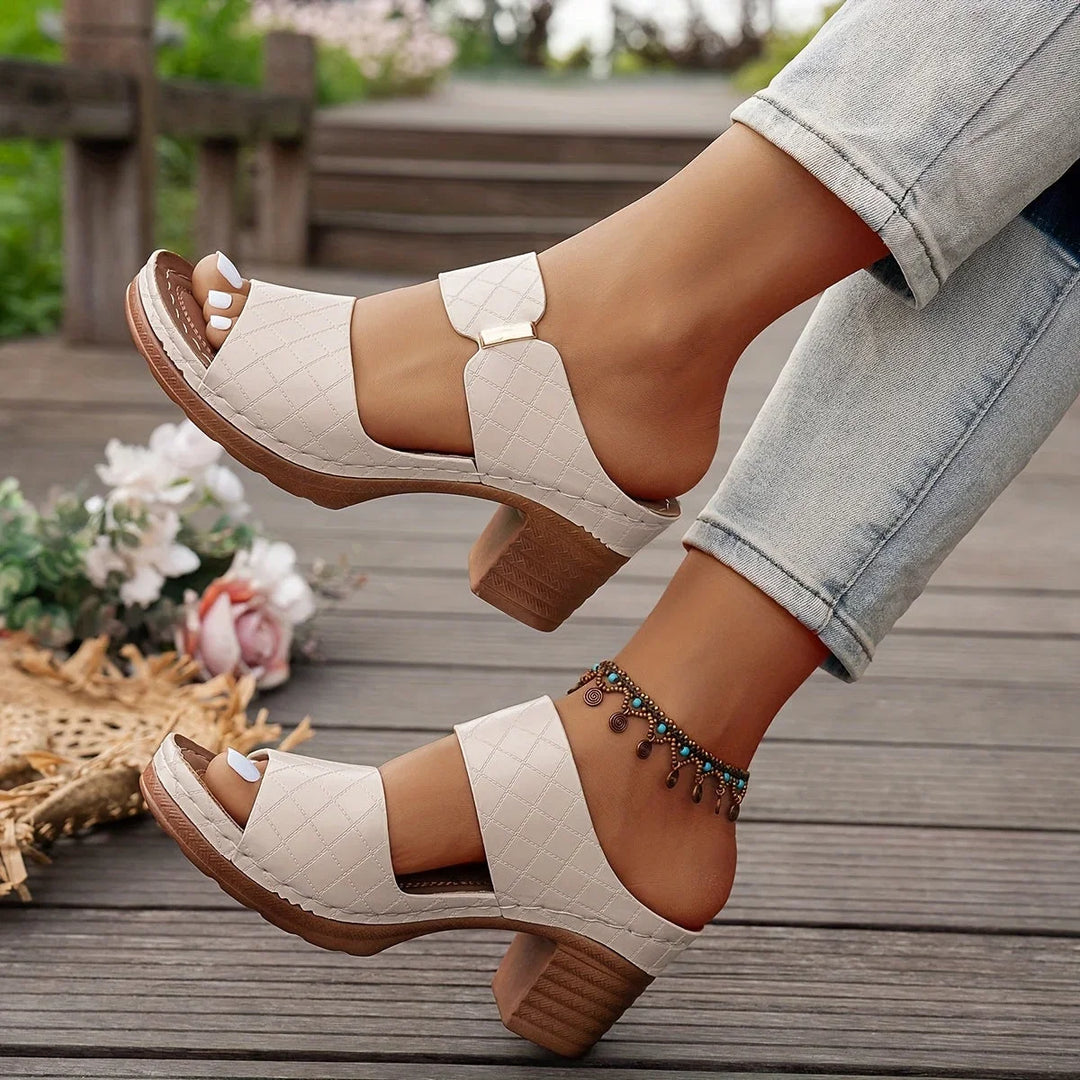 Versatile women's quilted two-strap platform sandals, block heel for day or evening sophistication.