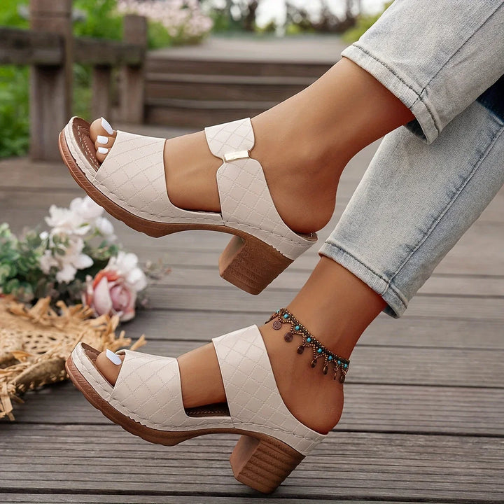 Versatile women's quilted two-strap platform sandals, block heel for day or evening sophistication.