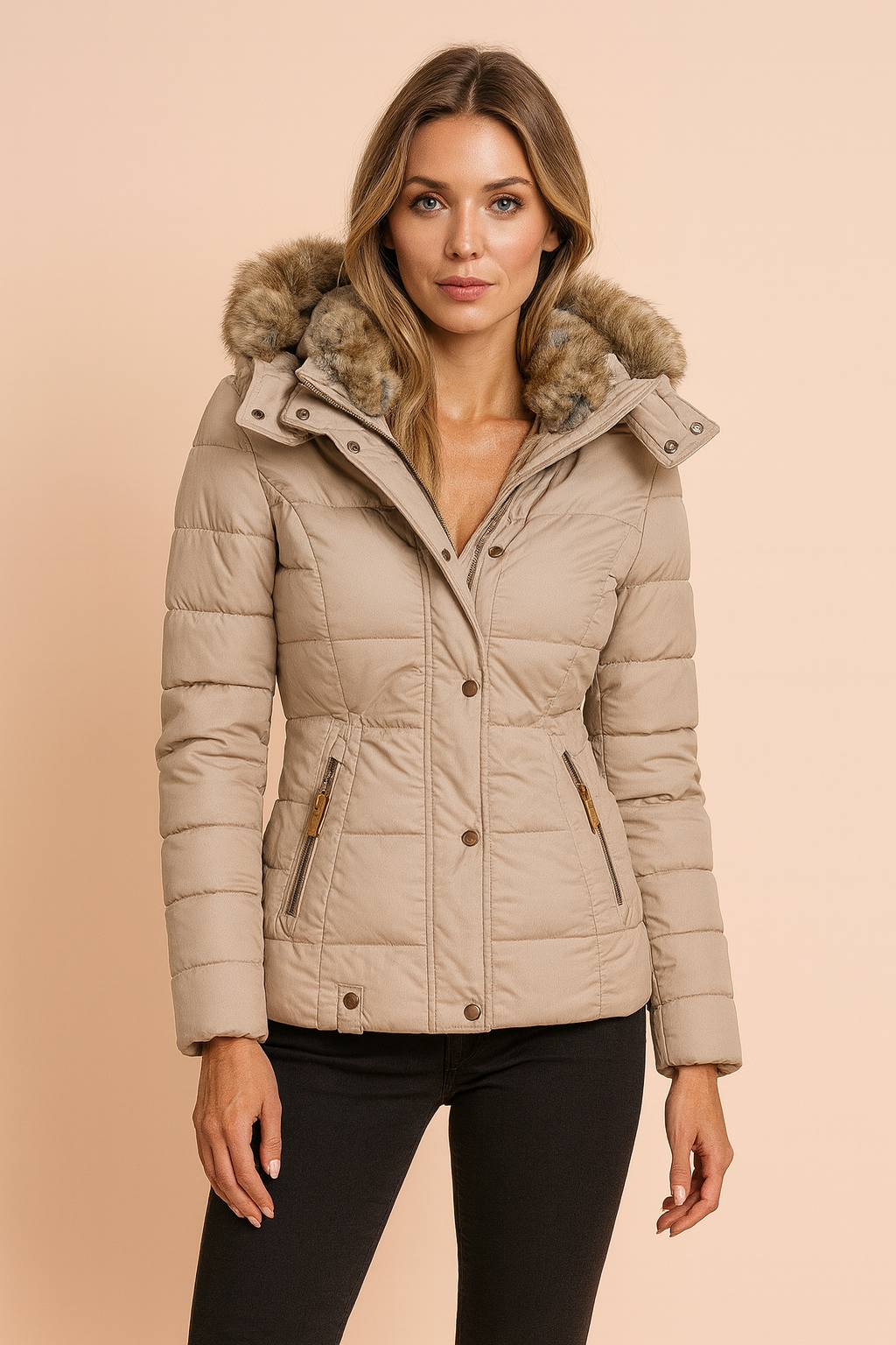 Women's quilted winter jacket with attached hood, stylish and warm outerwear.