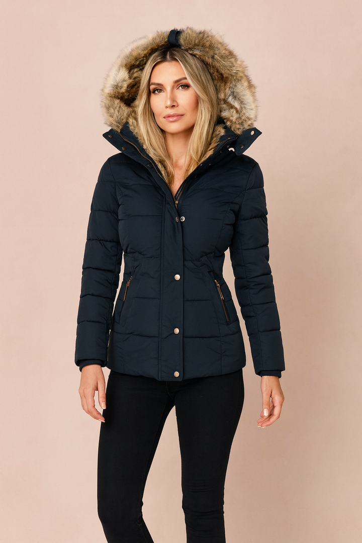 Close-up of the quilted pattern on a women's insulated winter coat with hood.