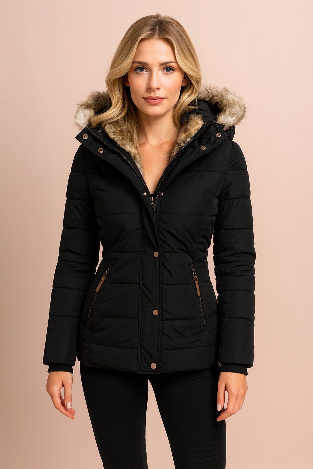 Model wearing a fashionable women's hooded winter jacket, tailored fit for cozy warmth.