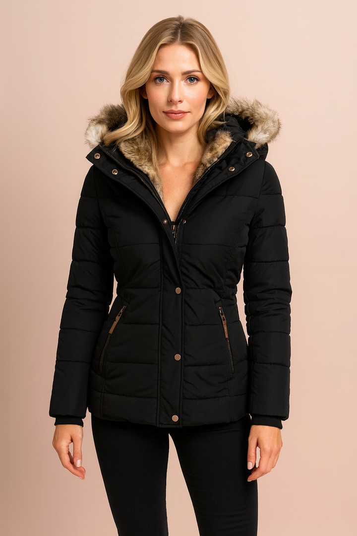 Model wearing a fashionable women's hooded winter jacket, tailored fit for cozy warmth.