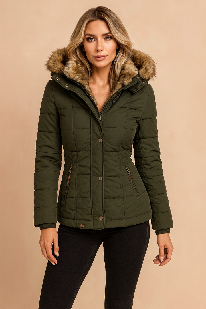 Side view of a women's quilted jacket, showcasing its insulated design and hood.