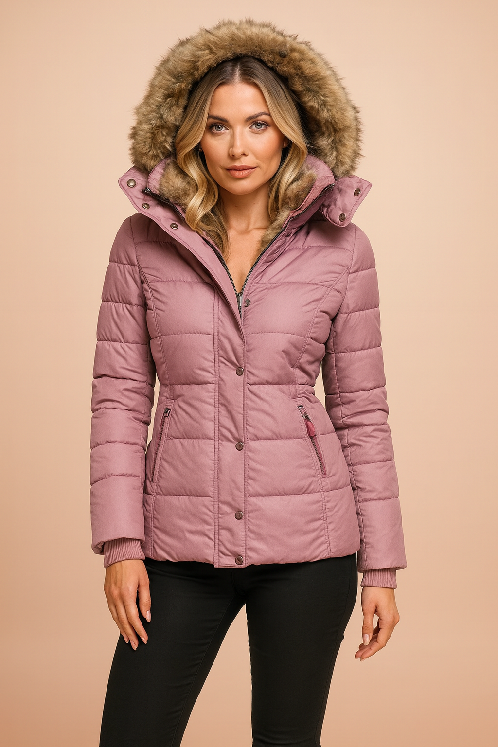 Back view of a stylish women's winter coat, featuring a quilted texture and functional hood.