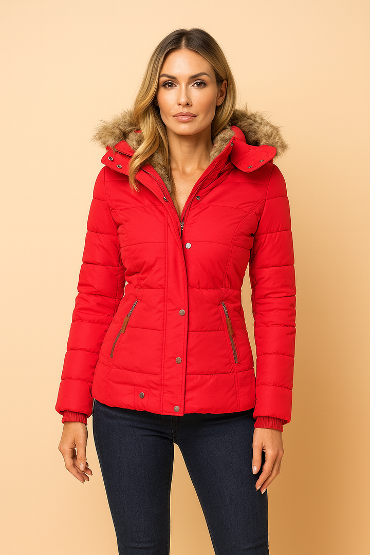 Detail shot of the zipper and hood on a warm, insulated women's quilted jacket.