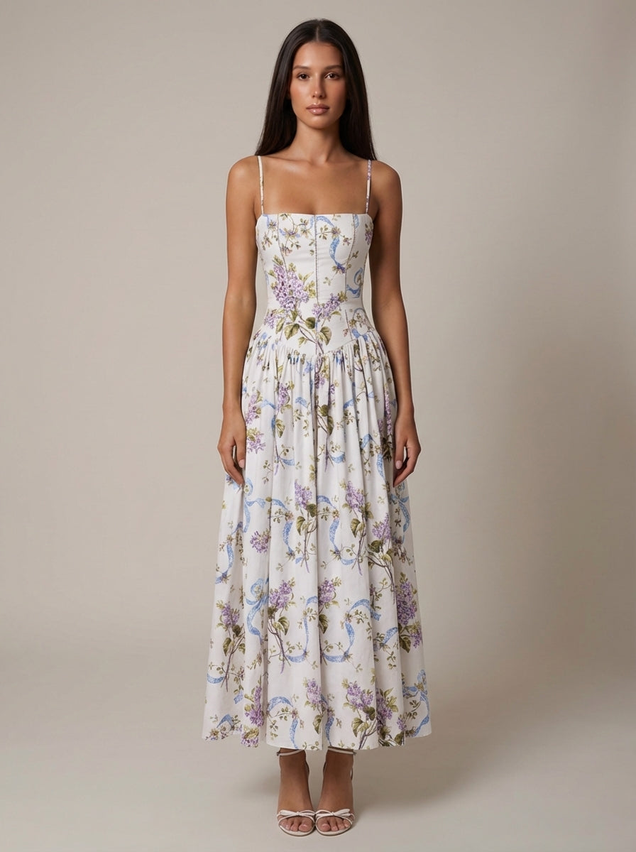 Women's Quintessa corset spaghetti strap midi dress with elegant floral print, perfect for summer occasions.