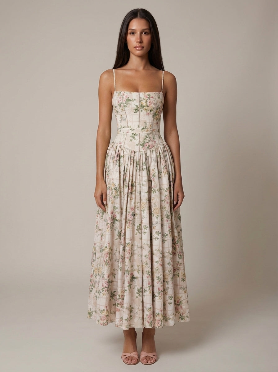 Elegant women's floral print midi dress with corset bodice & spaghetti straps for garden parties & summer.