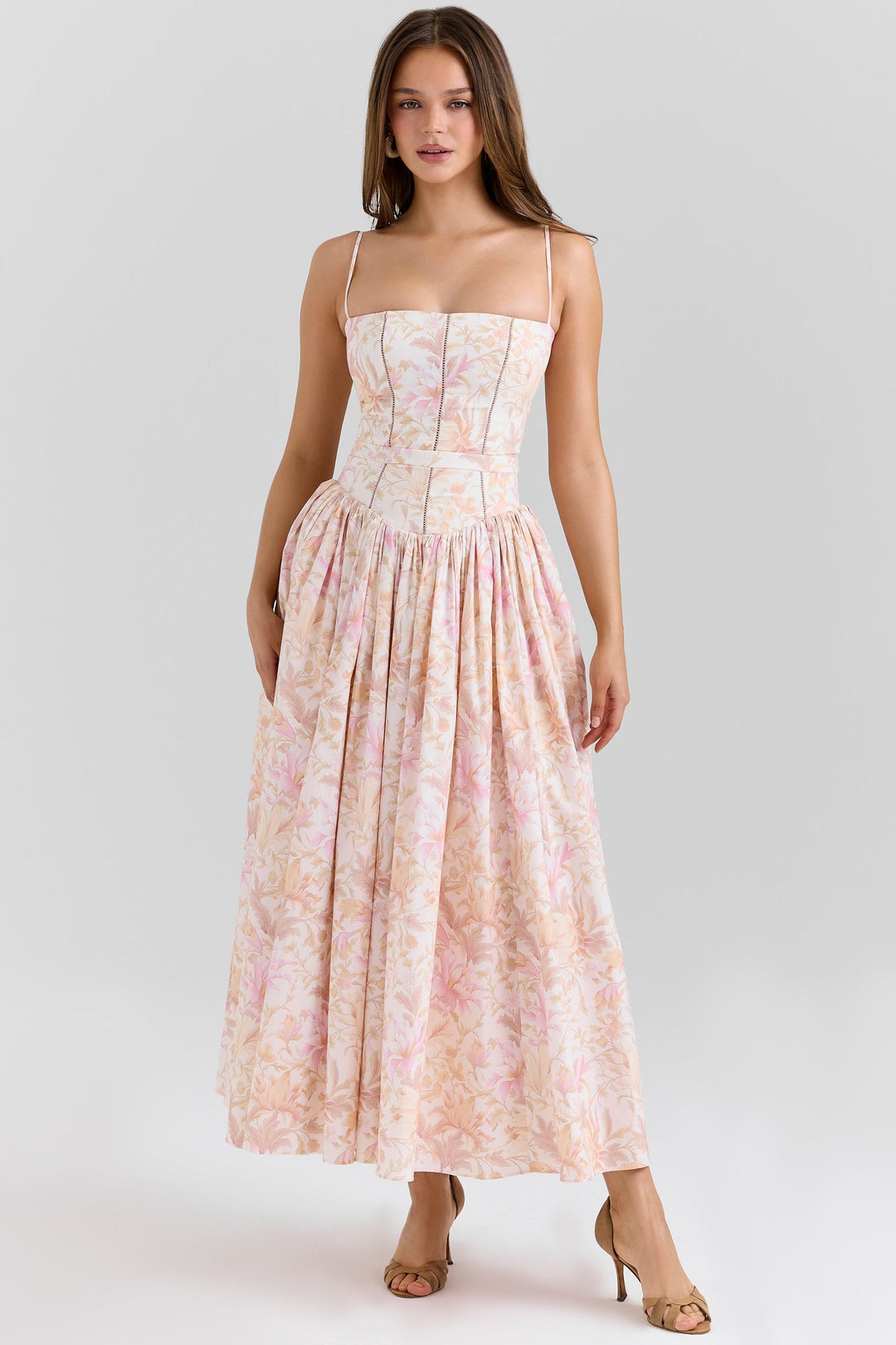 Floral print midi dress for women, the Quintessa features a stylish corset top & delicate spaghetti straps.