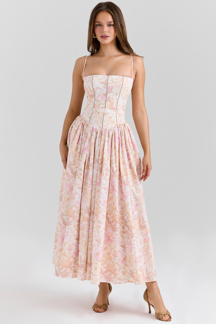 Floral print midi dress for women, the Quintessa features a stylish corset top & delicate spaghetti straps.