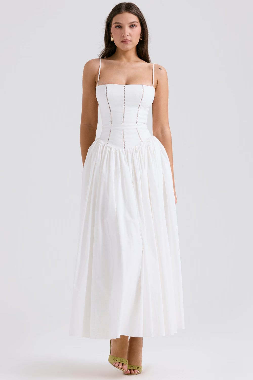 Quintessa elegant midi dress, women's floral design with corset & spaghetti straps, great for special occasions.