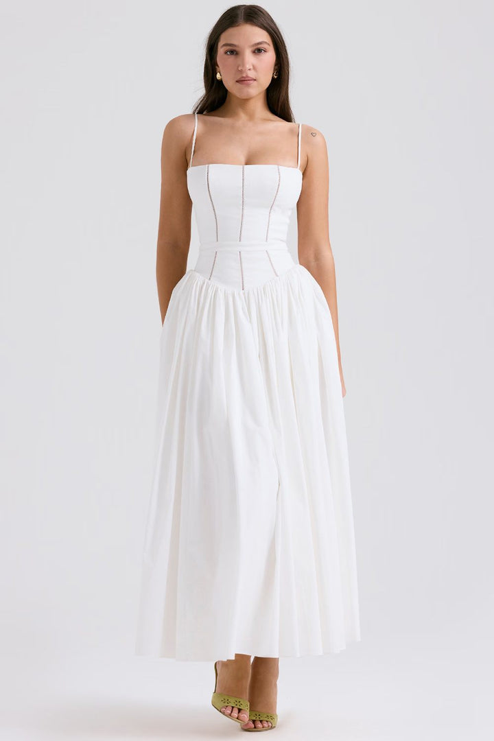 Quintessa elegant midi dress, women's floral design with corset & spaghetti straps, great for special occasions.