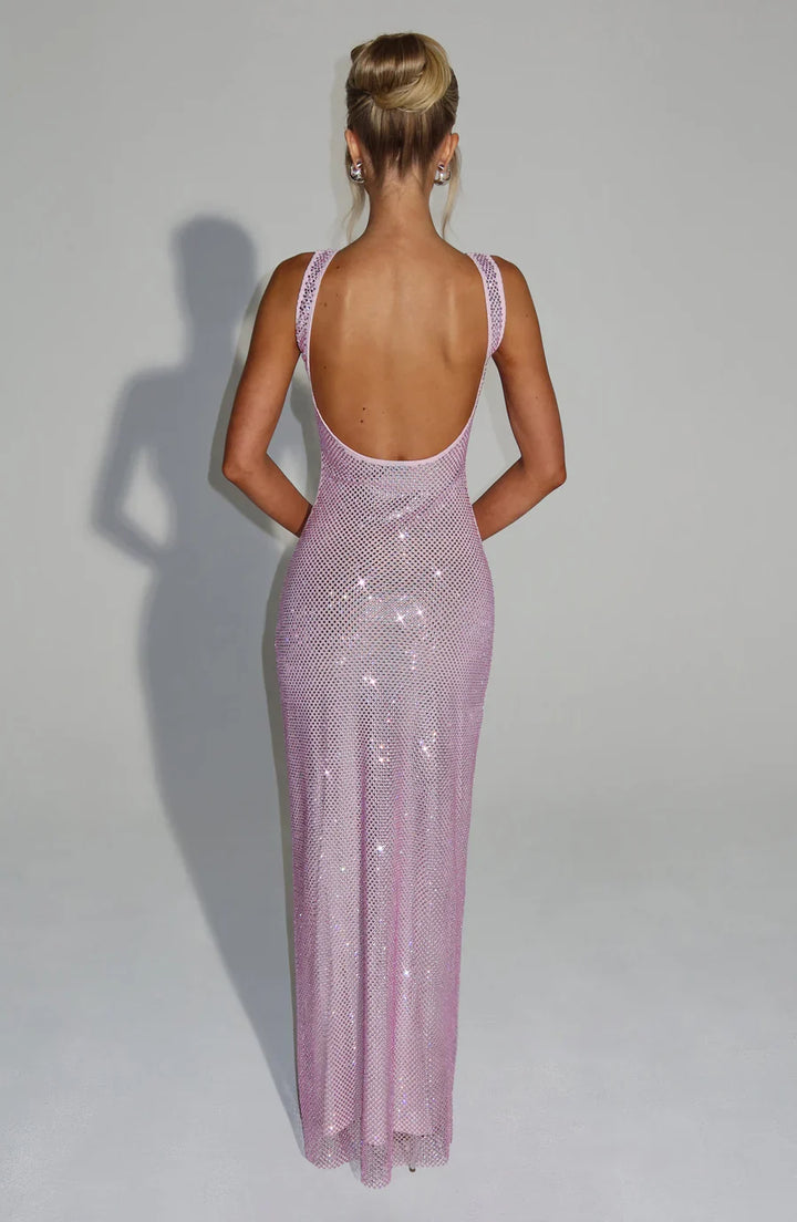 Backless embellished evening gown with train