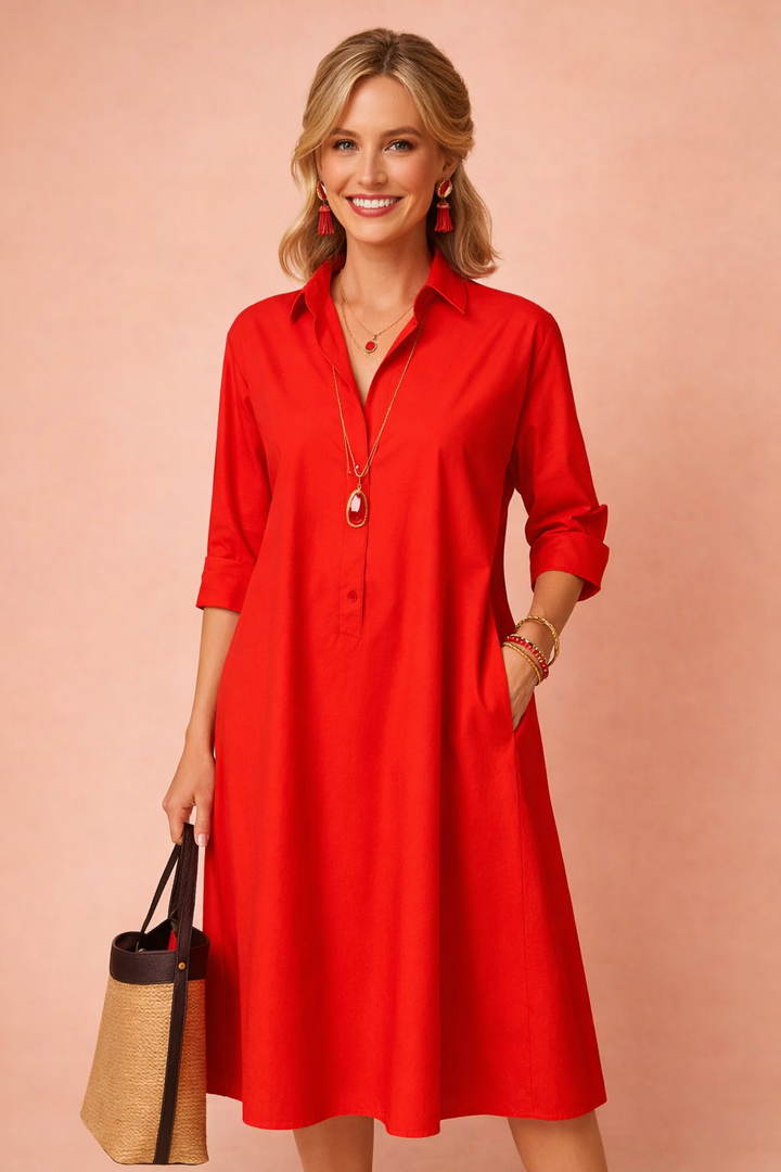 Women's red longline shirt dress, loose fit, elegant and casual style