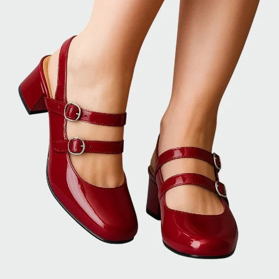 Women's red Mary Jane block heel pumps, double strap. Vintage retro style elegant party footwear.