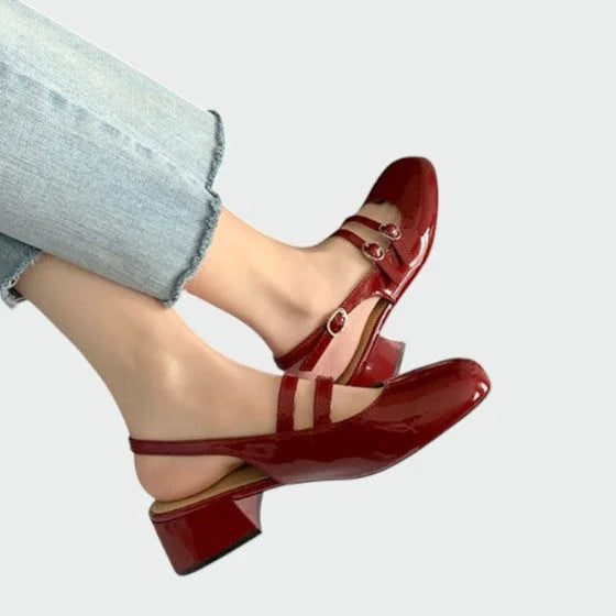 Comfortable red Mary Jane pumps for women with double strap & sturdy block heel. Classic retro fashion shoes.