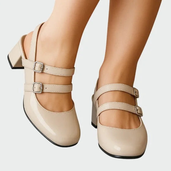 Statement women's red Mary Jane double strap pumps with block heel. Elegant vintage party & fashion heels.