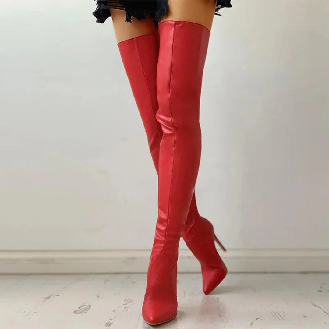 Women's red pointed toe over-the-knee high heel boots with side zipper closure