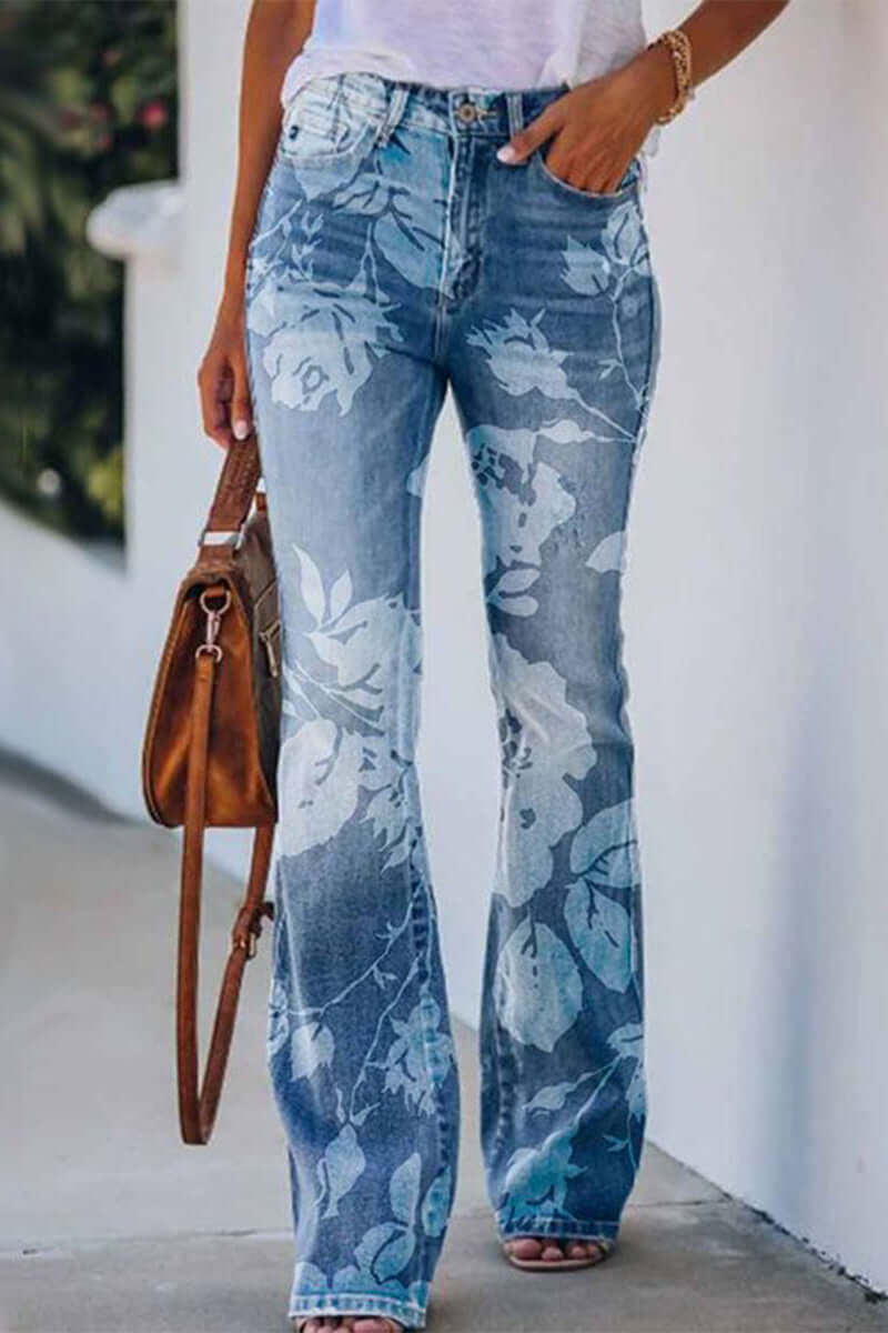 Fashionable women's regular fit blue jeans with beautiful floral embroidery, ideal for stylish casual wear.