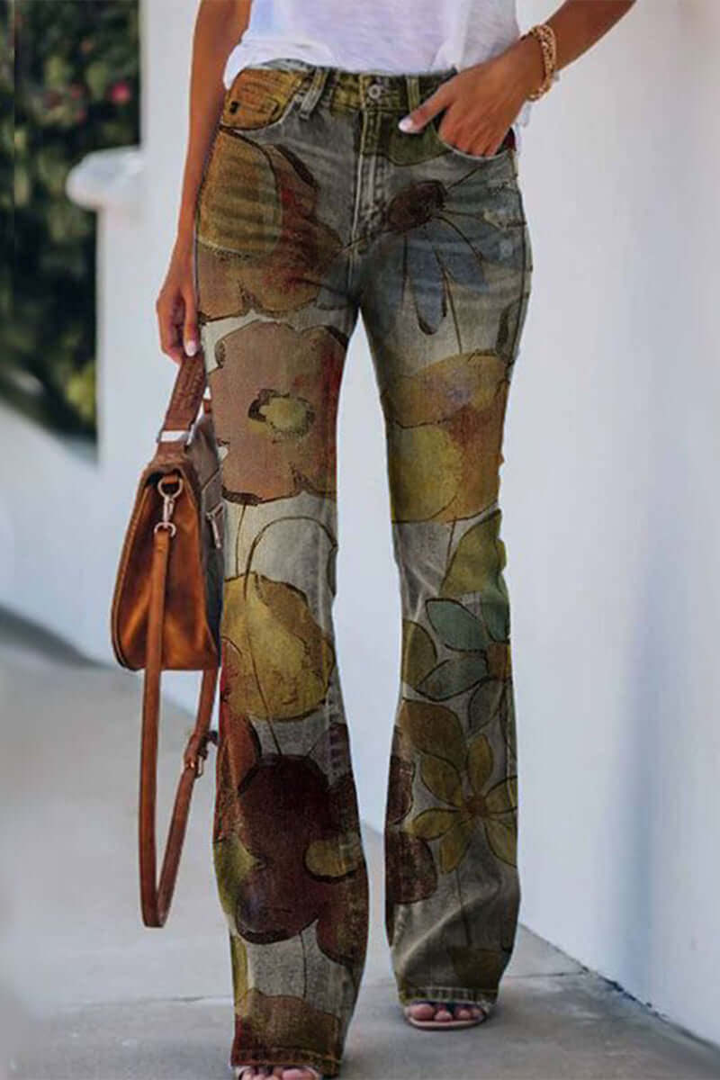 Durable denim women's jeans, regular fit, adorned with unique floral embroidery and practical pockets.