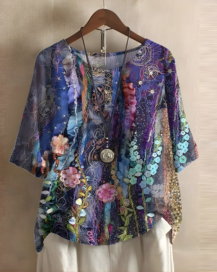 Women's vibrant bohemian summer top. Relaxed, flowy apparel for effortless style.