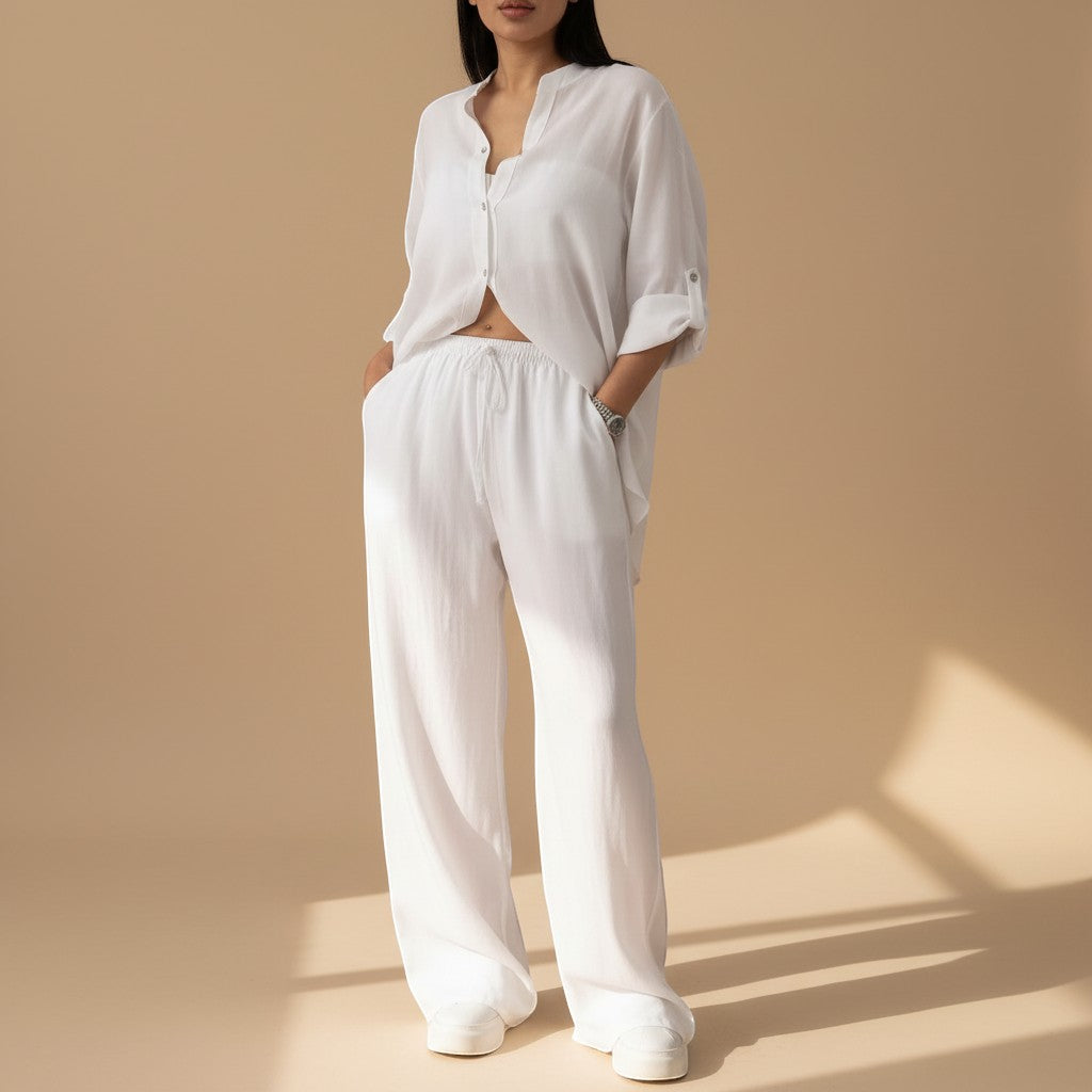 Women's relaxed button down shirt & wide leg pants co-ord set. Soft, comfortable two-piece lounge wear.