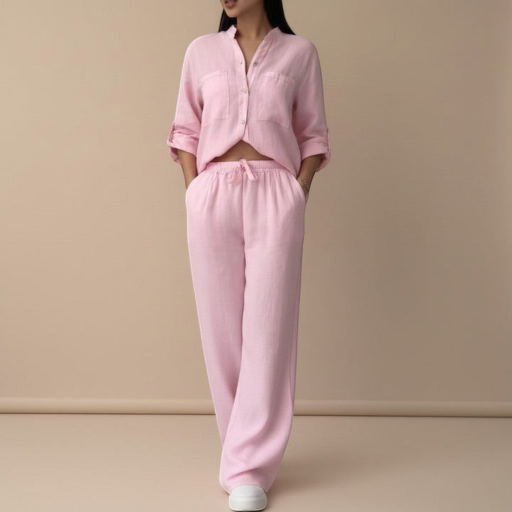 Versatile women's two-piece co-ord set: relaxed button down shirt & wide leg pants for casual or travel.