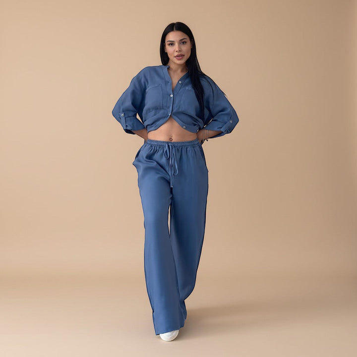 Soft, breathable fabric of the women's relaxed button down shirt & wide leg pants set. Ideal for summer travel.