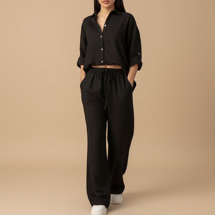 Flowy wide leg pants from the women's relaxed button down shirt set. Comfortable bottom for casual outfits.