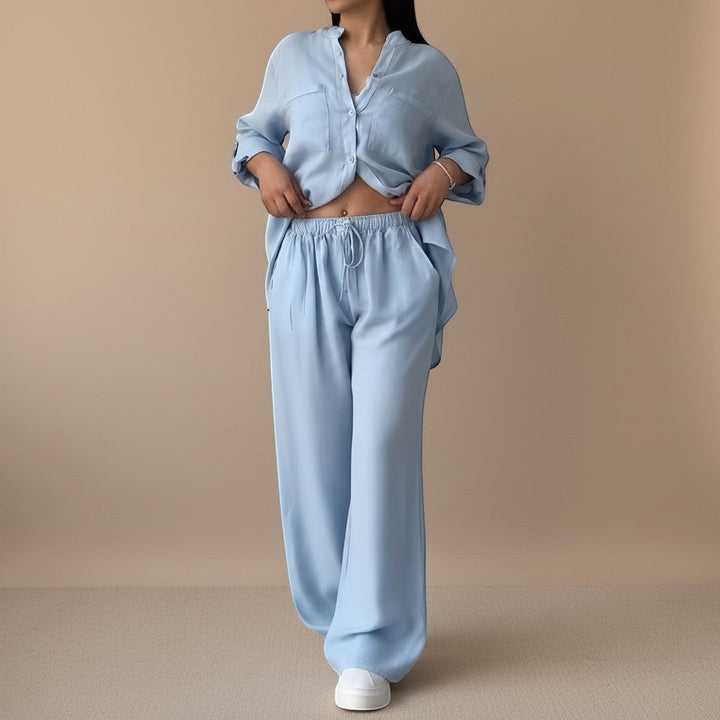 Women's summer fashion relaxed button down shirt & wide leg pants set. Perfect travel wear.