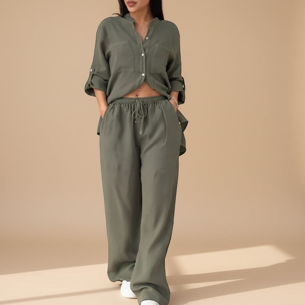 Stylish women's relaxed button down shirt & wide leg pants set. Comfortable two-piece lounge outfit for women.