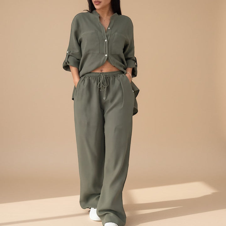 Stylish women's relaxed button down shirt & wide leg pants set. Comfortable two-piece lounge outfit for women.