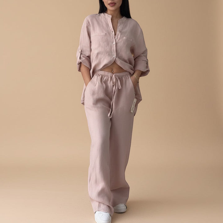 Ultra-comfortable women's relaxed fit button down shirt & wide leg pants set. Perfect casual lounge wear.