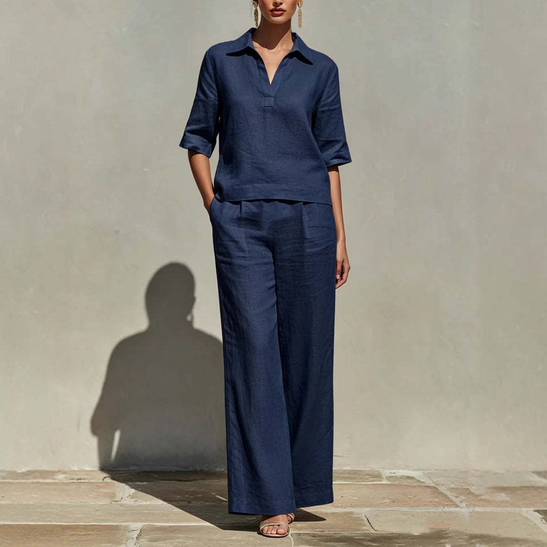 Women's relaxed collared top & wide-leg pants matching set. Comfortable two-piece casual outfit for summer.