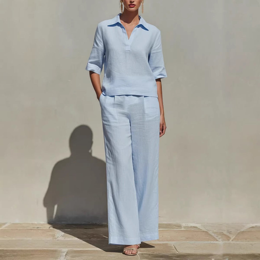 Stylish women's 2-piece set with a relaxed collared top and comfortable wide-leg pants for casual wear.