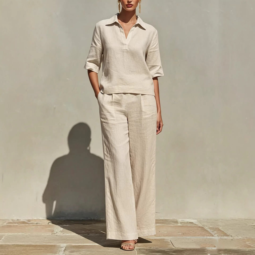 Comfortable women's relaxed collared top & wide-leg pants set. Ideal for holiday wear or weekend style.