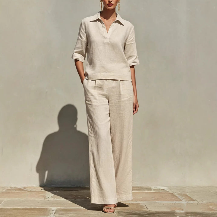 Comfortable women's relaxed collared top & wide-leg pants set. Ideal for holiday wear or weekend style.