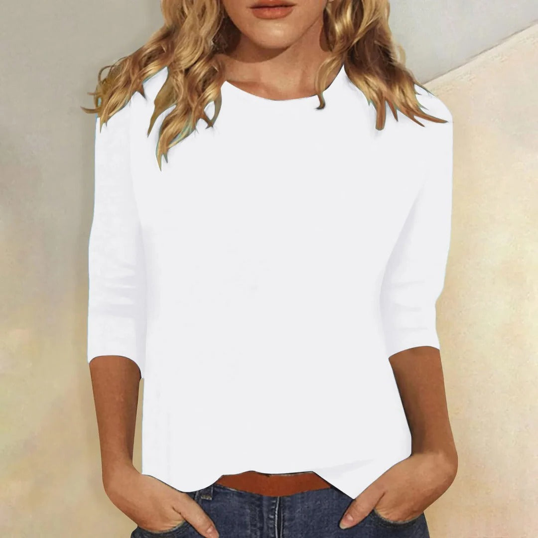 Casual women's three quarter sleeve crew neck top, perfect relaxed fit for summer or autumn fashion.