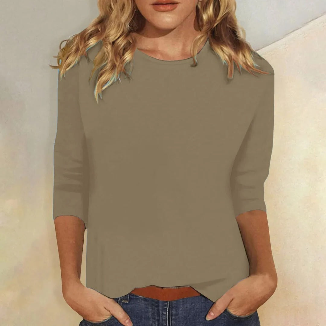 Versatile women's three quarter sleeve crew neck top, relaxed fit solid, ideal for summer & autumn fashion.