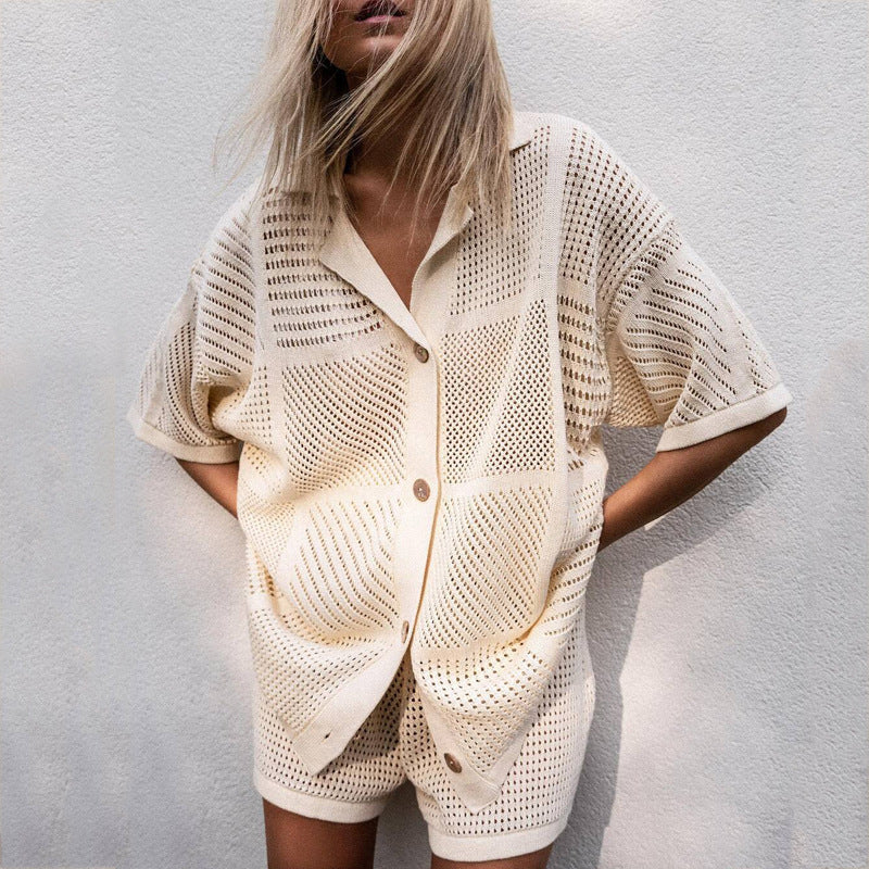 Women's relaxed fit beige co-ord shirt & shorts set. Perfect two-piece summer outfit for casual wear or beach days.