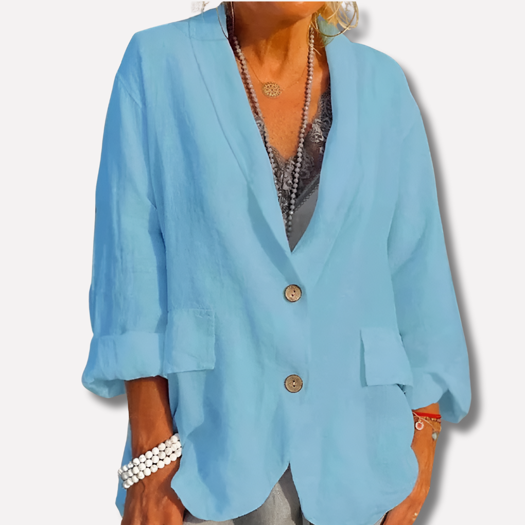Stylish women's relaxed blazer, a comfortable layering jacket with button accents for everyday wear.