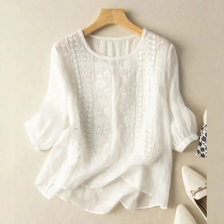 Women's relaxed fit blouse with intricate floral embroidery & stylish puff sleeves. Perfect for spring & summer.