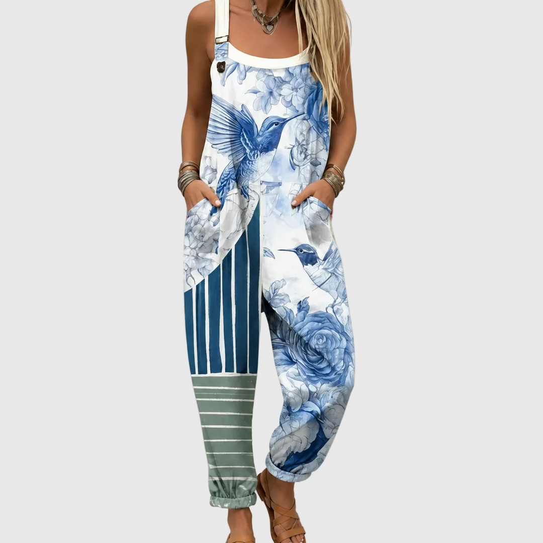 Women's relaxed fit blue floral garden overalls jumpsuit with adjustable straps, perfect for summer casual wear.