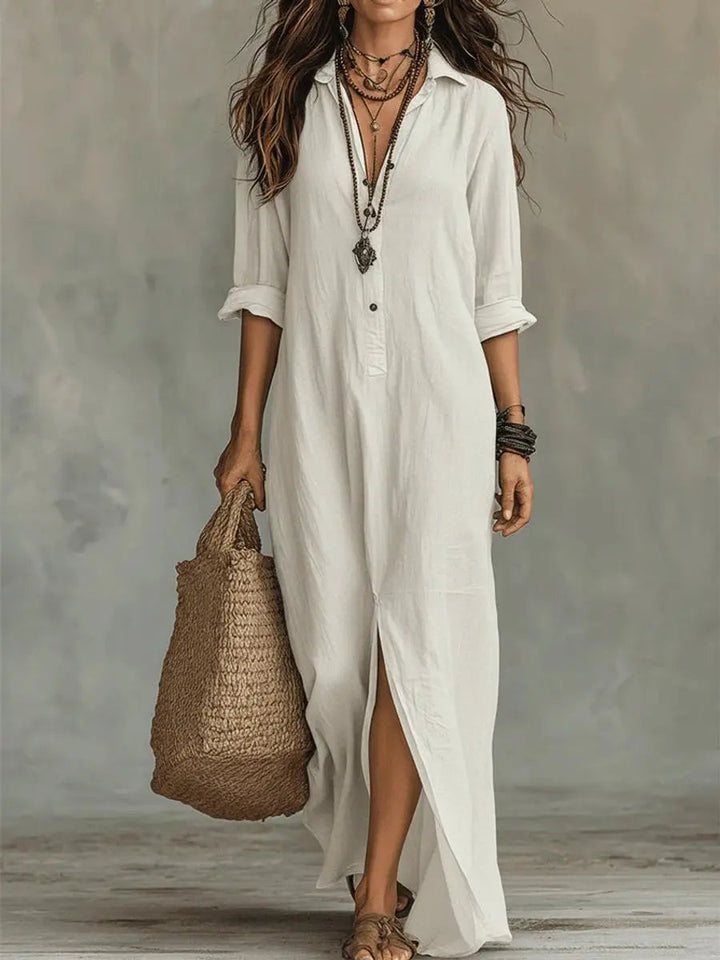 Women's relaxed-fit bohemian maxi dress with long sleeves and button-down front, perfect for spring & summer casual wear.