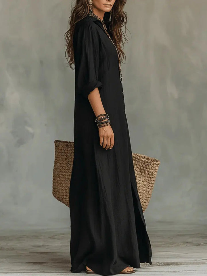 Woman wearing a flowing relaxed-fit long sleeve maxi dress, a bohemian button-down style ideal for casual everyday wear.