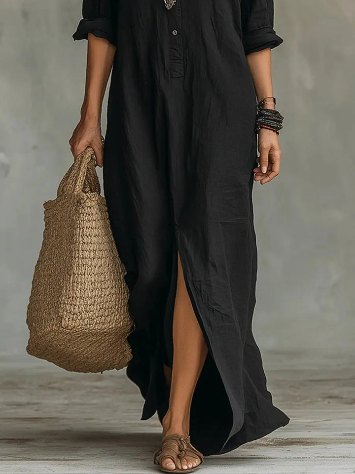 Versatile collared long sleeve maxi dress for women, with a relaxed fit and button-down front, suitable for casual outings.